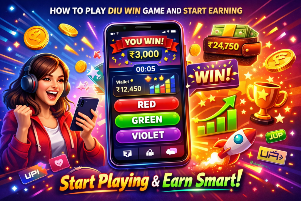 Colorful illustration of Diu Win Game on mobile with earning coins, prediction options, and profit growth display