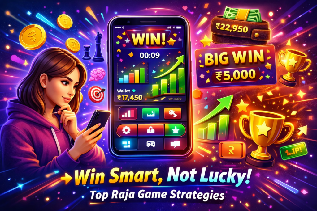 Colorful Raja Game interface on mobile with coins, winning strategies icons, and profit growth chart illustration