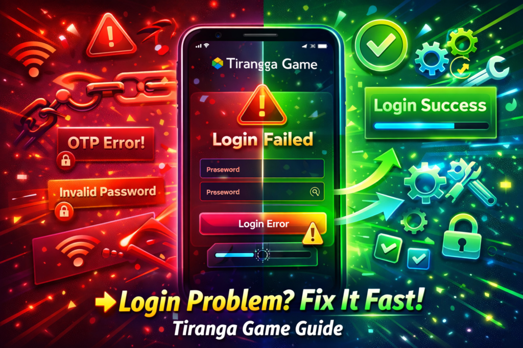 Tiranga Game login error on mobile screen with warning icons and solution symbols showing how to fix login issues