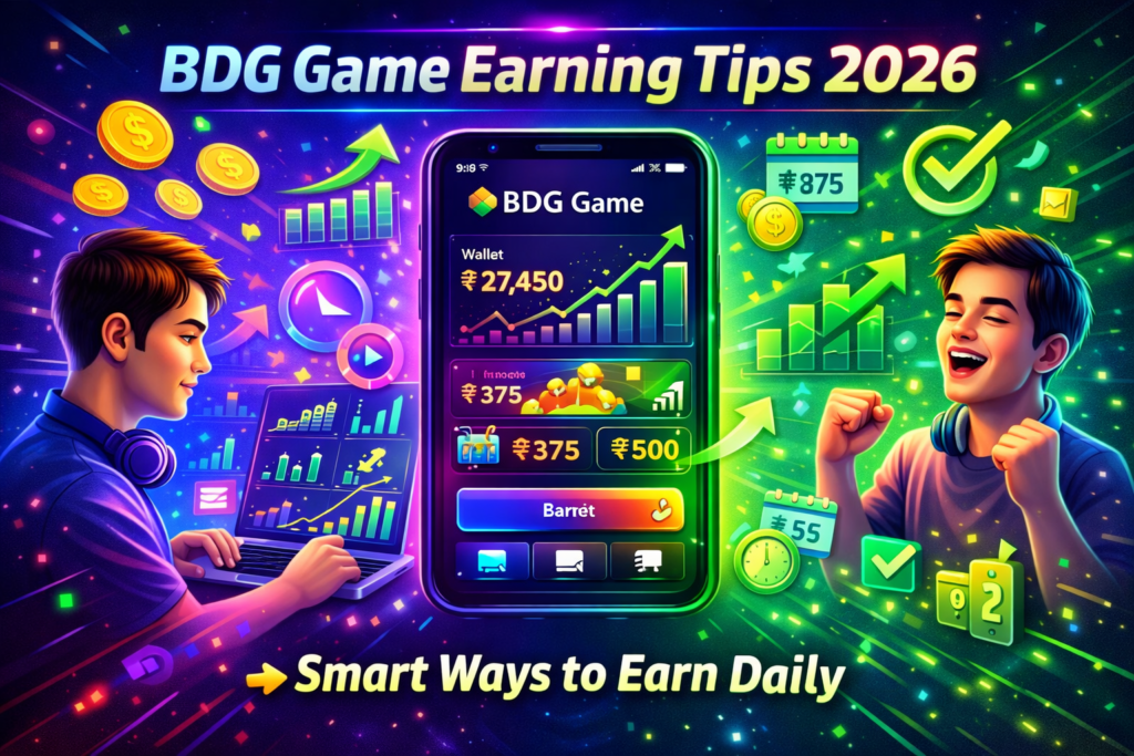 BDG Game earning tips 2026 showing daily income strategies with gaming dashboard coins profit graph and smart gameplay