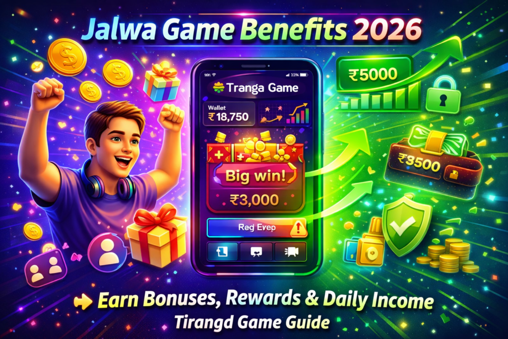 Jalwa Game benefits 2026 showing bonuses rewards daily income and gaming app dashboard with coins and referral earnings